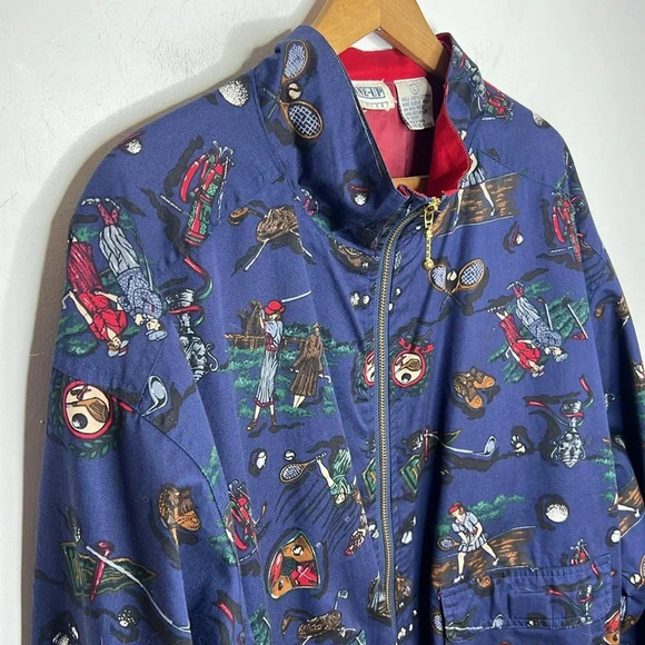 Vintage 80s Novelty Print Golf Tennis Crewneck Zip Up Boxy Bomber Jacket - Picture 4 of 14